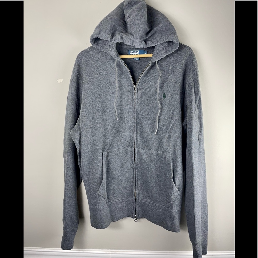 Polo Ralph Lauren Full Zip Sweatshirt Hoodie Size Large Grey w/ Green Polo Pony